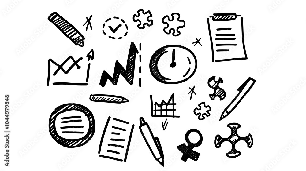 Aufkleber Set of hand drawn doodle style business icons including charts targets finance symbols and puzzle pieces to represent office teamwork strategic planning and workflow management concepts