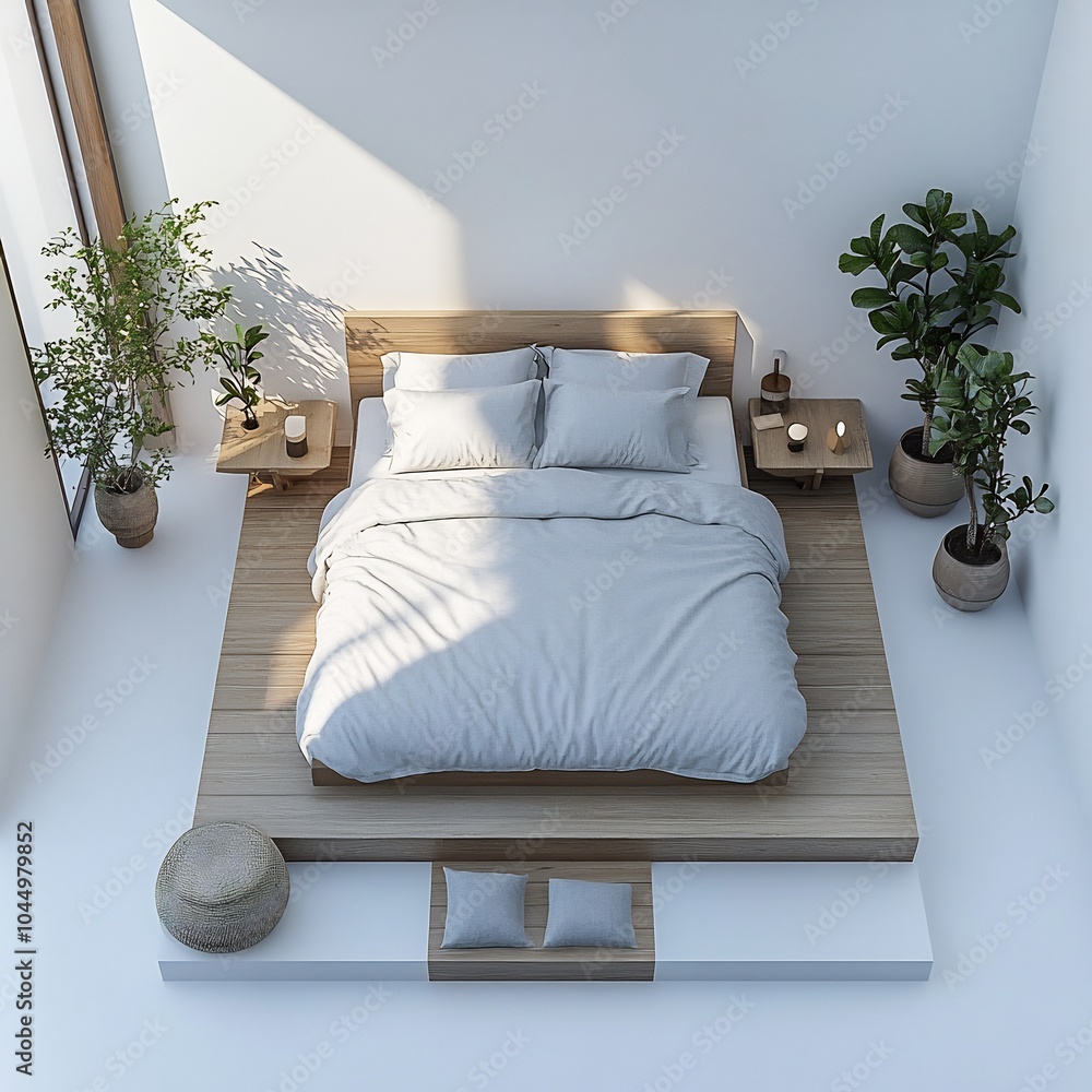 Poster top view 3d render of minimalist bedroom featuring a lowprofile platform bed and simple furniture ar