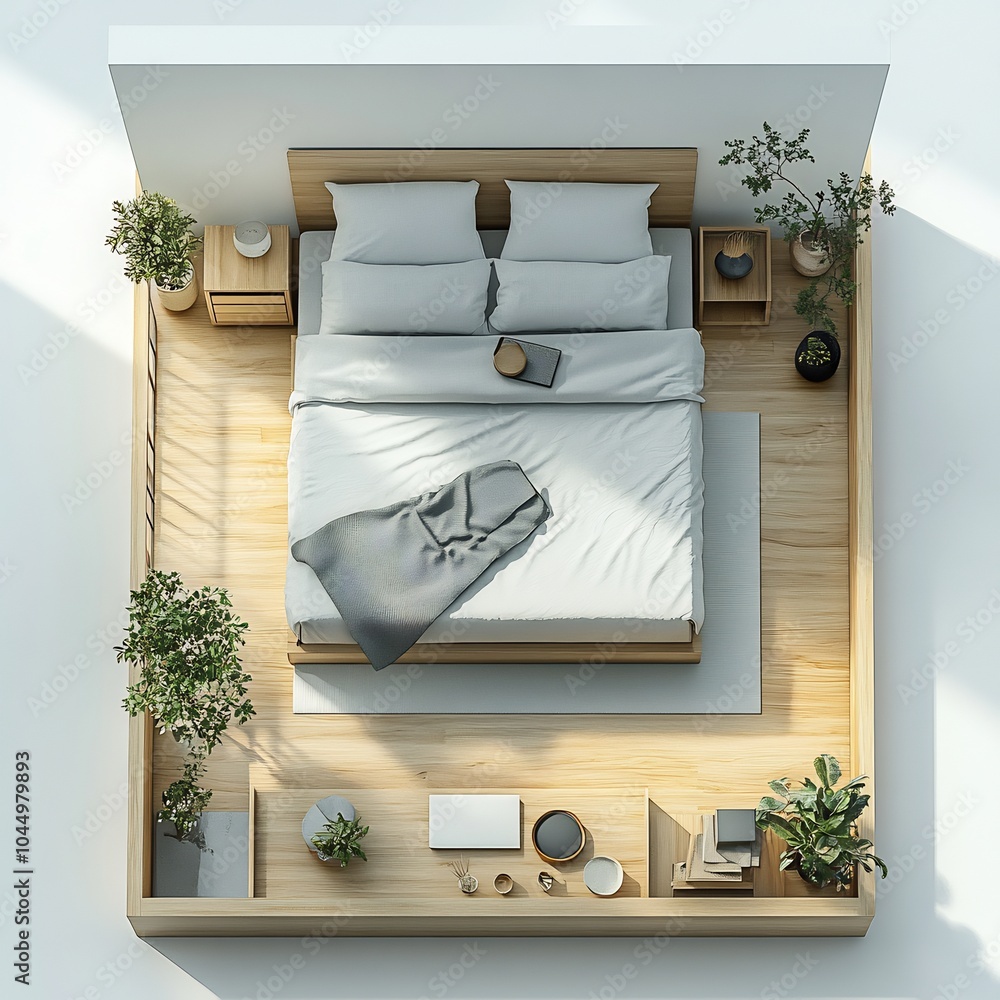 Poster top view 3d render of minimalist bedroom featuring a lowprofile platform bed and simple furniture ar
