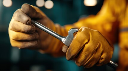 A worker in a protective glove is firmly holding a wrench, highlighting the tools and safety gear typically used in mechanical or repair work settings.
