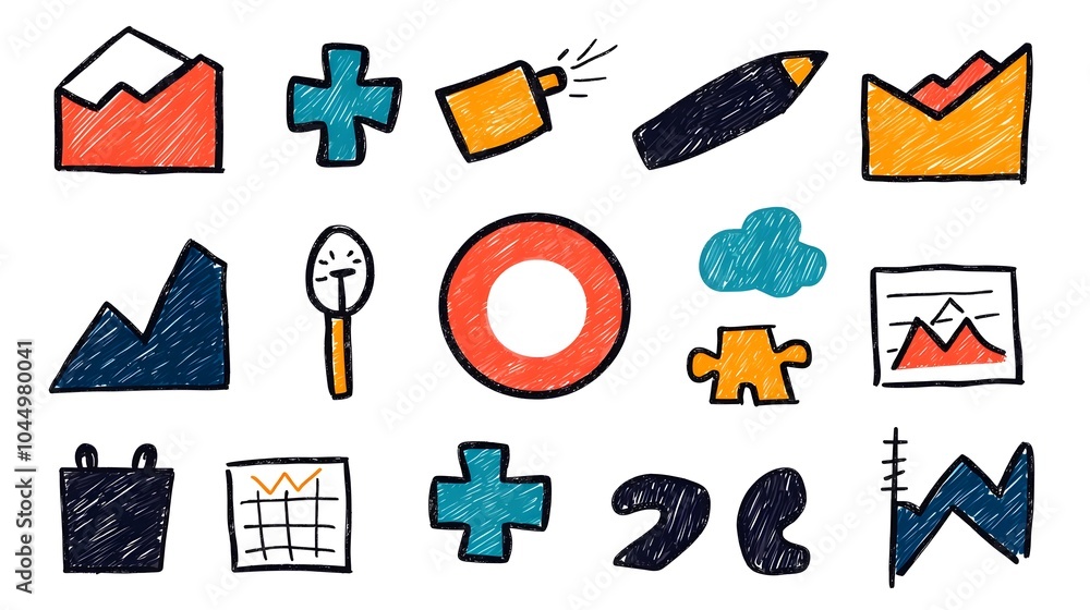 Aufkleber Sketchy Business Icon Set with Hand Drawn Career Symbols Like Target Puzzle Teamwork and Financial Charts in a Doodle Style Creative Design Concept for Office Work Planning and Strategy