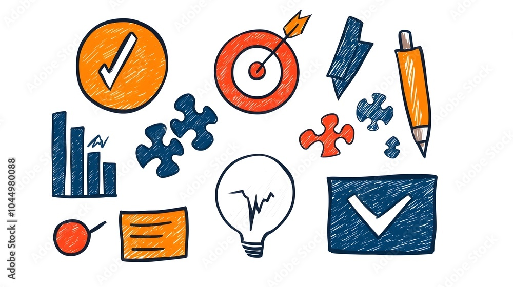 Poster hand drawn sketch icons depicting office elements like target puzzle chart and finance in a doodle s