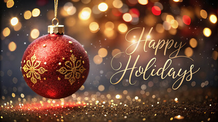 Red Christmas ornament with Happy Holidays message and golden lights
