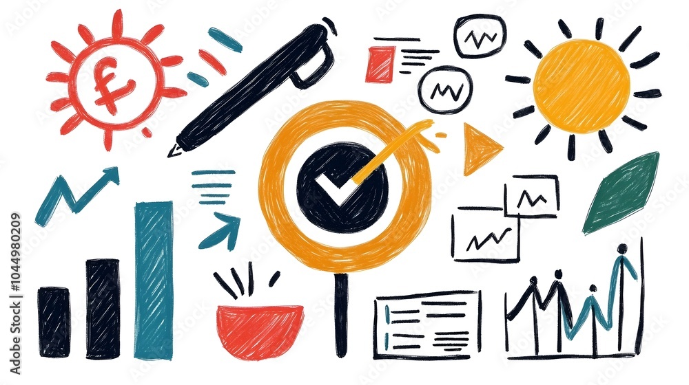 Poster doodle style business icon set with hand drawn sketches of target teamwork finance and charts perfec