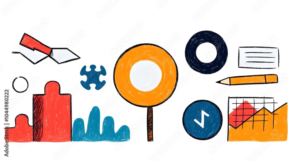 Aufkleber hand drawn sketch icons in a doodle style representing various office elements like target puzzle ch