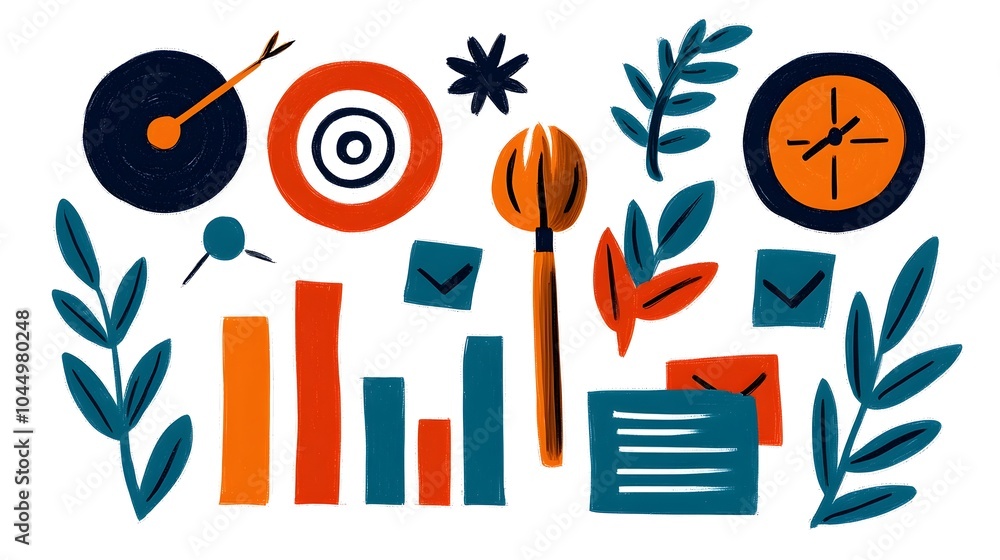 Poster doodle style business icon set featuring hand drawn sketches of target teamwork finance and charts p