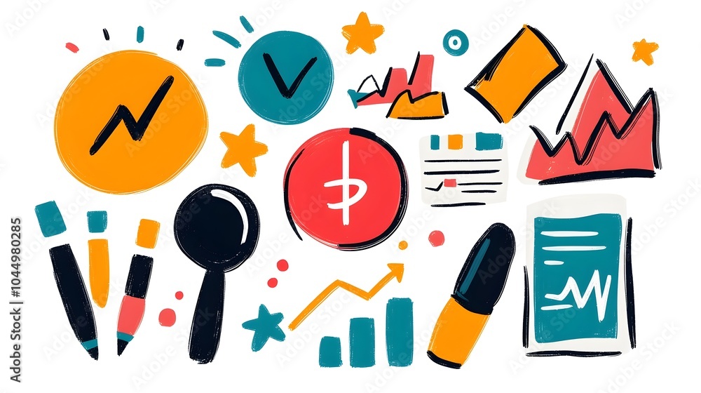 Poster doodle style business icon set with hand drawn sketches of target teamwork finance and charts perfec