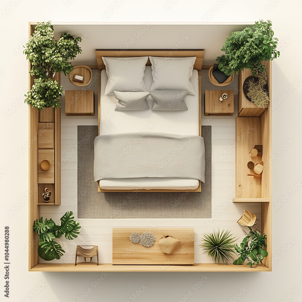 Poster top view 3d render of minimalist bedroom with a lowprofile platform bed surrounded by simple furnitu