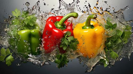 Delicious sweet fresh ripe vegetables red yellow and green peppers flying in an explosion of water with splashes and drops - Powered by Adobe