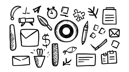 Collection of hand drawn business doodle icons including target puzzle teamwork and finance elements sketched in a playful and creative style for office career and corporate concepts