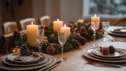A beautifully set dining table with Christmas decorations, including candles, holiday-themed tableware, and a centerpiece of pinecones and holly. 