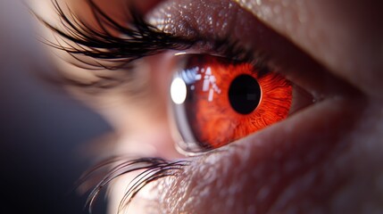 An intense close-up of a red eye showcasing the intricate design of the iris, highlighting the bold contrast and depth in an artistic manner.