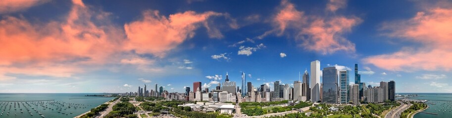 Aerial panoramic view of Chicago skyline from Millennium Park on a sunny summer day
