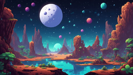Pixelated 8-bit style space planet surface background with craters, alien plants, and floating rocks for a platformer game.