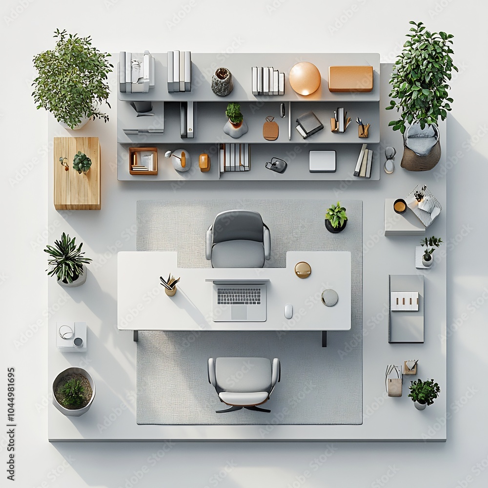 Poster top view 3d render of minimalist study area with a white desk simple chair and floating shelves arra