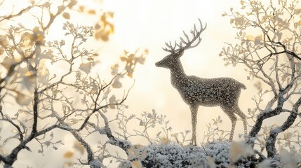 Naklejka premium The gentle silhouette of a deer in a peaceful woodland scene, beautifully highlighted against a white backdrop, symbolizing the calmness of nature.