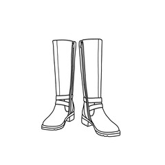 Knee high boots, elastic band casual tall riding boots with side zipper line art, Technical sketch hand-drawing outline vector doodle illustration. Side view isolated on a white background