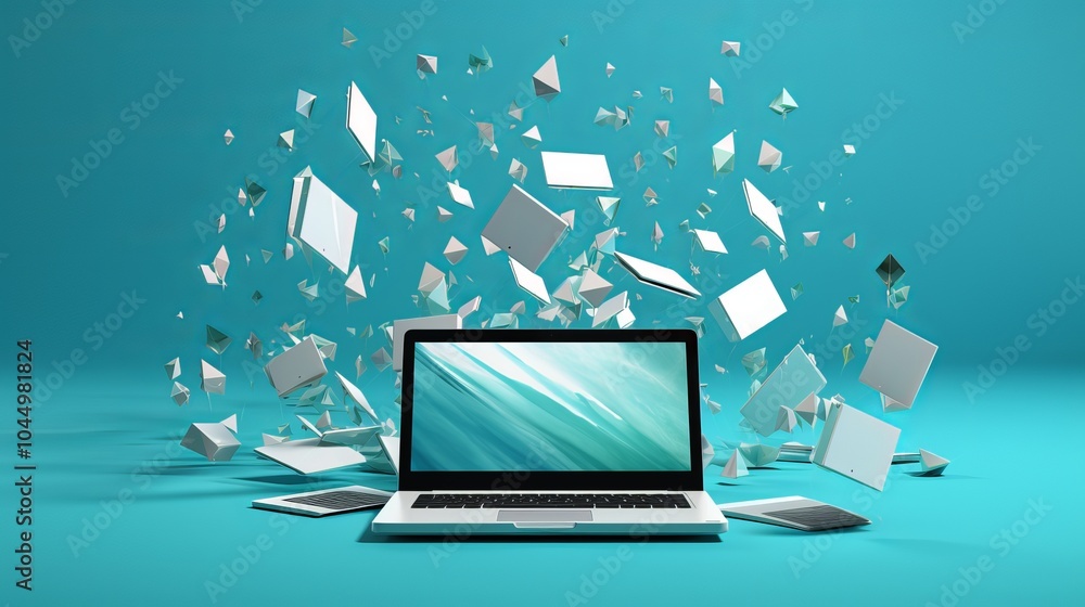 Poster modern laptop surrounded by floating papers and digital elements in a creative workspace setup