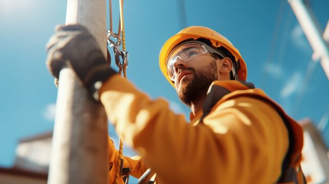 A focused man equipped with a helmet and safety gear ascends a pole with precision and care, underscoring professionalism and a commitment to safety in his work.