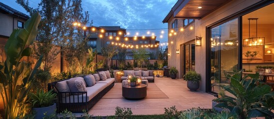 Fototapeta premium A luxurious patio with a sectional sofa, a coffee table, and string lights in the evening.