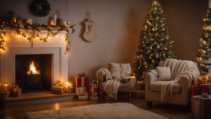 A beautifully decorated living room with a Christmas tree, stockings on the fireplace, and presents under the tree. Warm lighting and cozy atmosphere with twinkling fairy lights