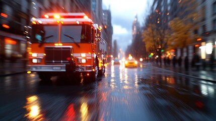 In a bustling urban area, a fire truck races down a wet street, reflecting flashing lights and intensifying the focus on quick and effective emergency response.