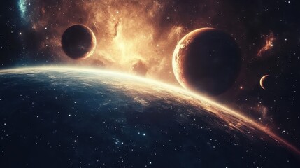 Obraz premium A surreal cosmic scene where planets and stars align in harmonious patterns, inviting contemplation of the universe. 