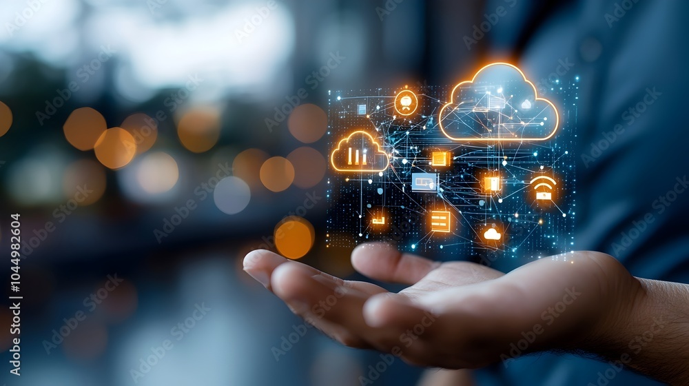 Poster Hand reaching out to a digital screen displaying various technology icons cloud storage and network connections all glowing on a dark blue background
