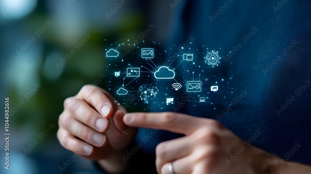 Poster Hand interacting with a sleek digital screen showing various technology and online network icons with cloud storage symbols on a modern dark blue background