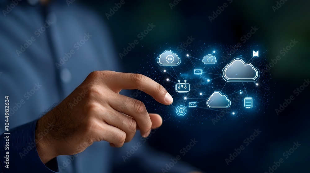 Aufkleber close up of a human hand interacting with a sleek digital screen that showcases various technology a