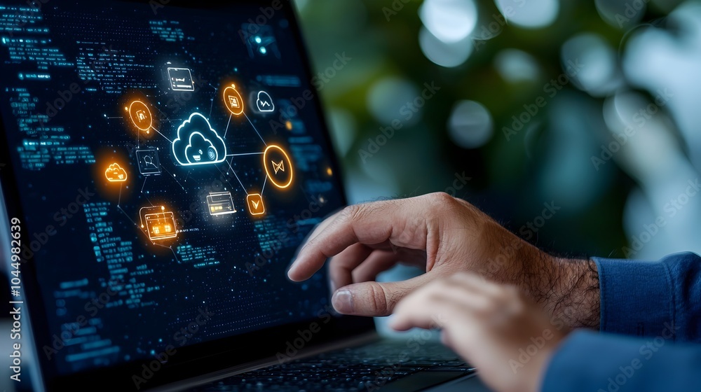 Poster Hand Interacting with a Digital Screen Displaying Technology and Online Network Icons with Cloud Storage Symbols Presented on a Sleek Dark Blue Background
