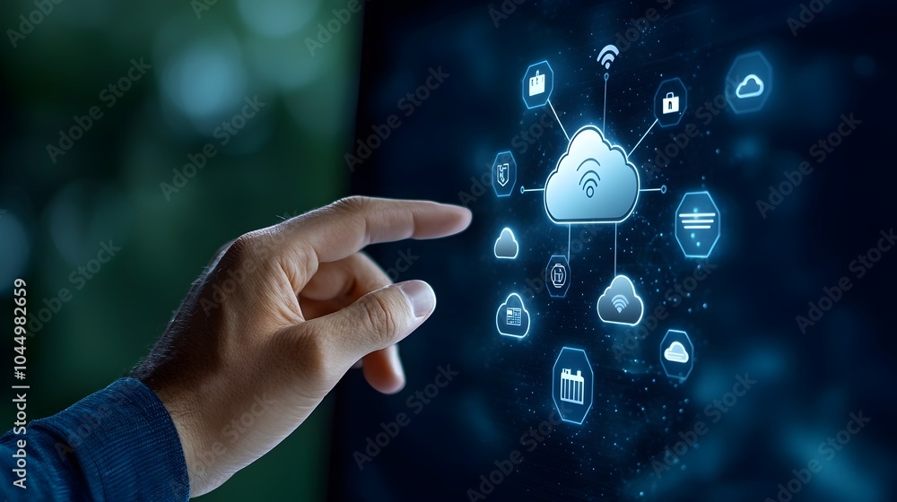 Poster Close up of a human hand reaching out and touching a digital screen displaying cloud storage security and network connection icons   a futuristic technology design with dark blue background