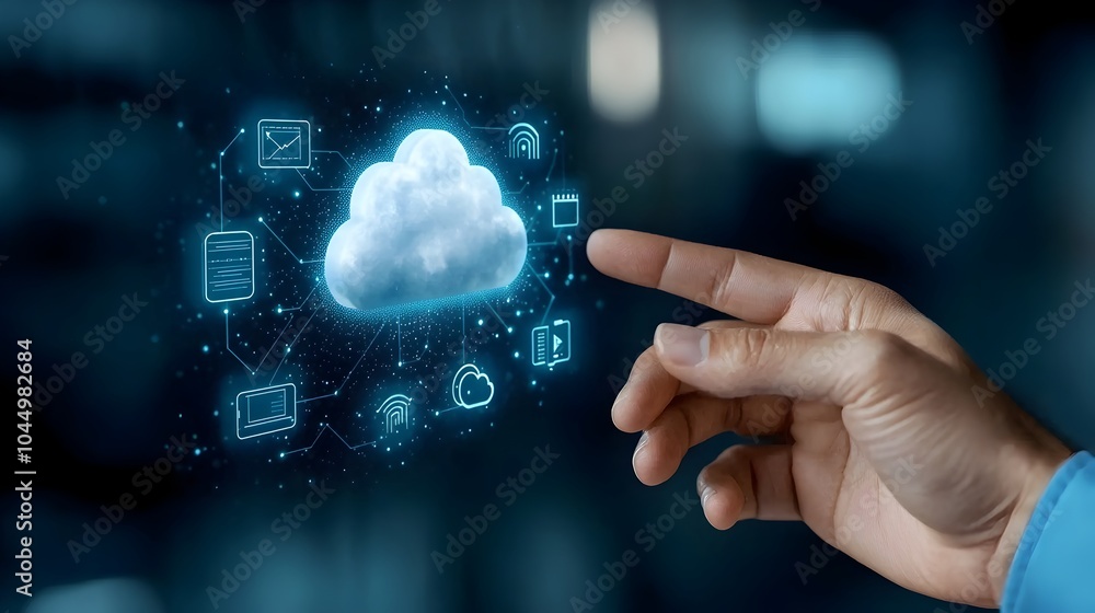 Poster Human hand touching a digital screen displaying futuristic cloud storage security and network connection icons against a dark blue technological background