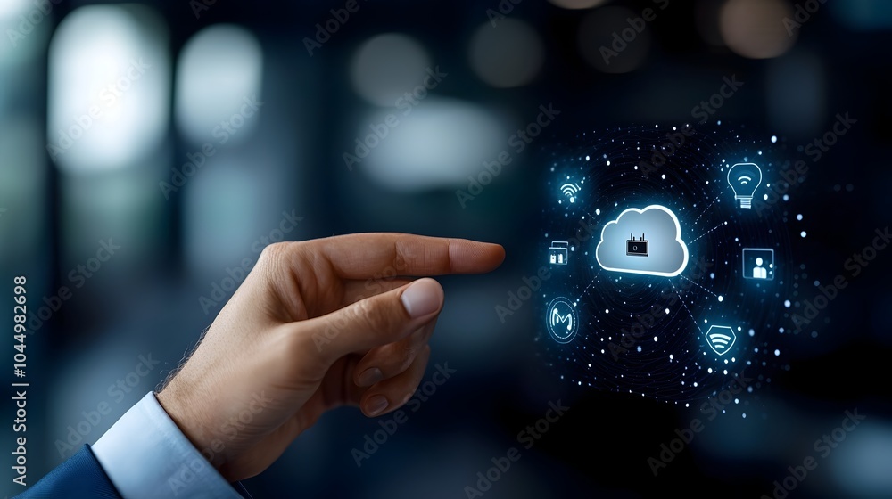 Poster Close up Hand Touching a Digital Screen Displaying Cloud Storage Security and Network Connection Icons on a Futuristic Dark Blue Technology Background  Concept of Secure Data Storage Cloud Computing