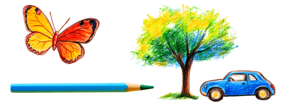 Butterfly, tree and a car of a child crayon drawing on white transparent background