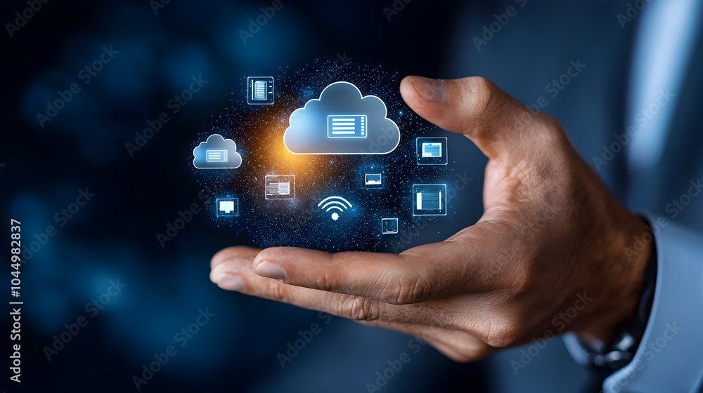 Aufkleber person s hand touching a digital screen displaying icons for cloud storage network and security syst