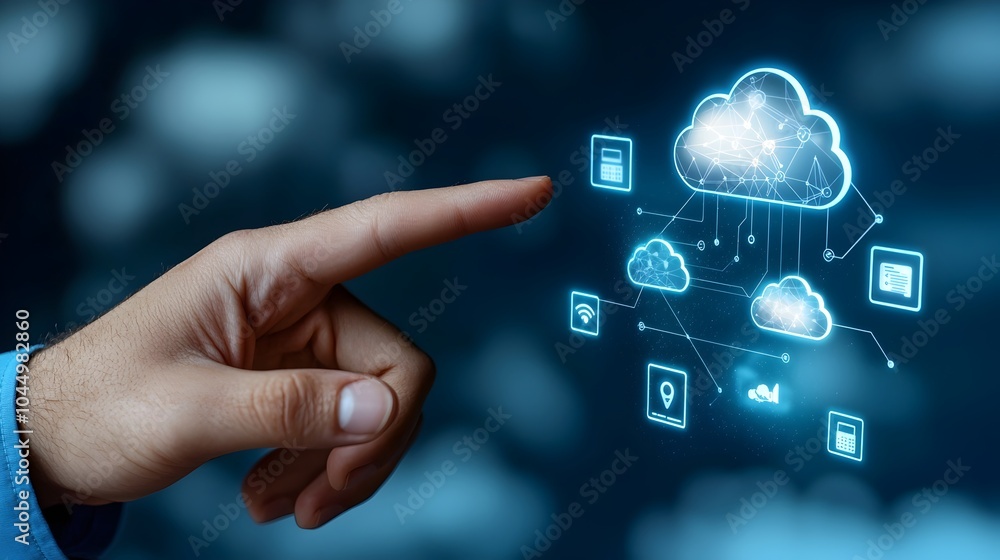 Poster Finger reaching out to touch a glowing digital interface with cloud computing and network icons displayed on a dark blue technology concept background
