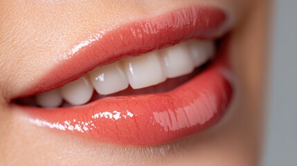 Obraz premium A close-up view of red glossy lips that stands out with its smooth texture and classic lipstick, representing a timeless beauty and elegant fashion style.