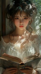 Beautiful Young Woman Reading a Book in Sunlight