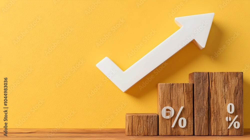 Poster falling white arrow and percent icon on a yellow background 3d render symbolizing the decreasing mor