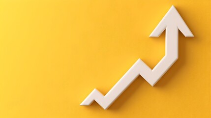 Downward white chart arrow and percent icon on a vibrant yellow background 3D render symbolizing the concept of falling interest rates and mortgages in the financial market and economy
