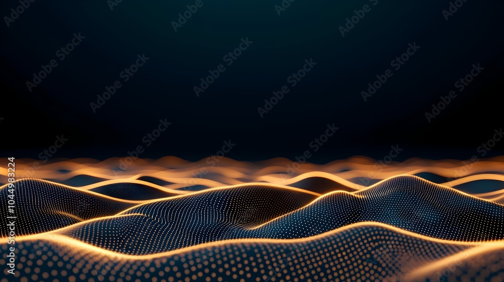 Aufkleber Futuristic digital landscape with a dynamic flow of glowing dots and lines illustrating the concept of generative and data visualization on a dark abstract backdrop