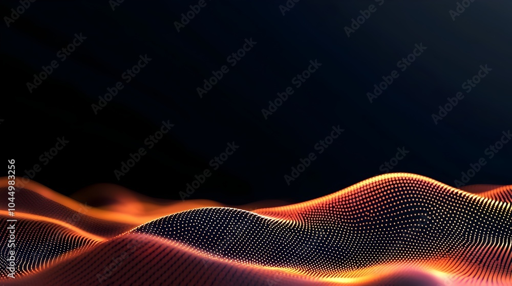 Poster Generative concept with glowing dots and lines creating a futuristic and dynamic digital landscape illustrating the flow of data and information on a dark atmospheric backdrop