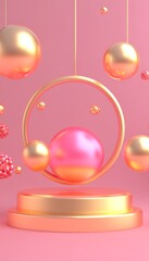 Abstract 3D render of a pink and gold sphere floating above a platform against a pink background.