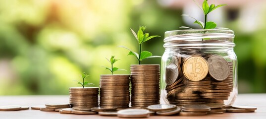 Growing Investments Coins In Clear Savings Jar, Symbolizing Financial Growth And Success