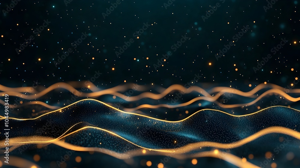 Poster Stunning futuristic digital landscape composed of glowing lines and dots representing the flow of data and the power of generative technology on a dark abstract background
