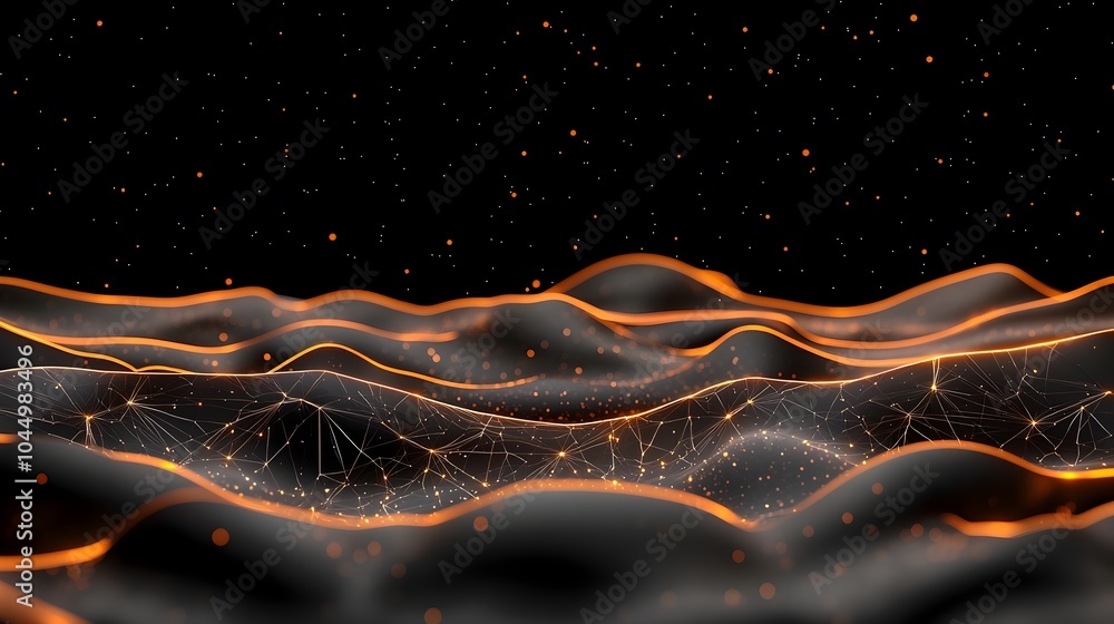 Poster Glowing digital landscape with connecting dots and lines showcasing the dynamic flow of data and the power of generative in a futuristic abstract setting