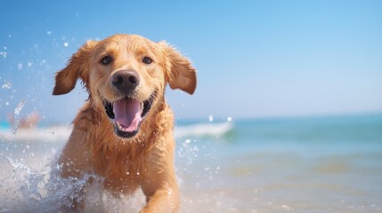 A golden retriever happily splashes through the ocean waves, embodying pure joy and energy as it plays at a sunny beach. The dog is close up, with water droplets around.