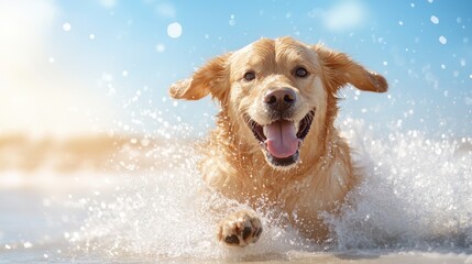 The golden retriever splashes vigorously through the water, exuding excitement and vitality, capturing the essence of an adventurous spirit in a seaside setting.