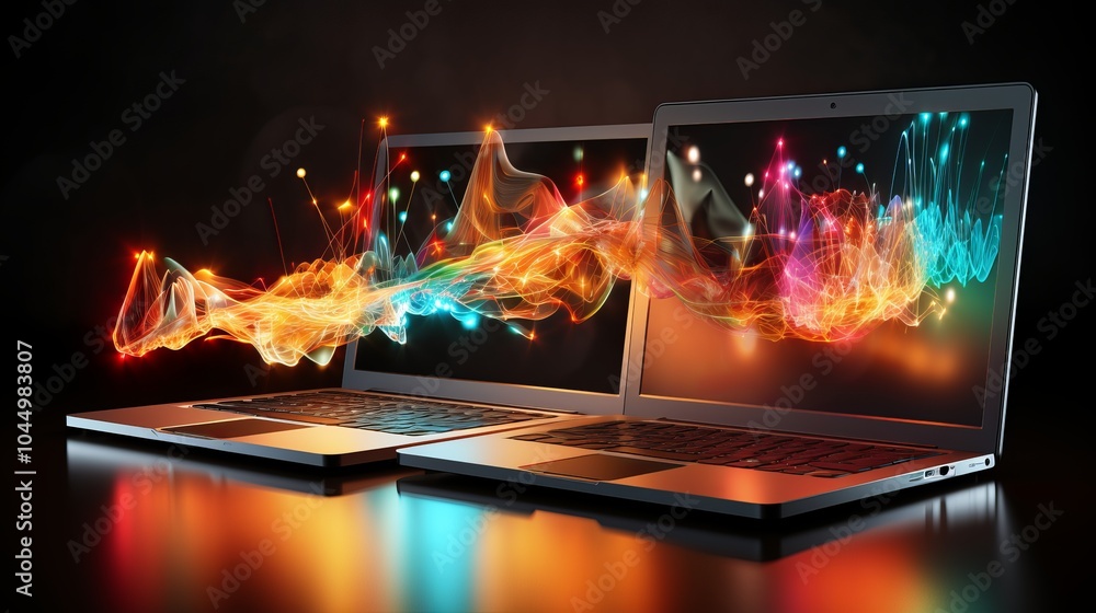 Poster dynamic digital art of two laptops emitting colorful waves of light against a dark background